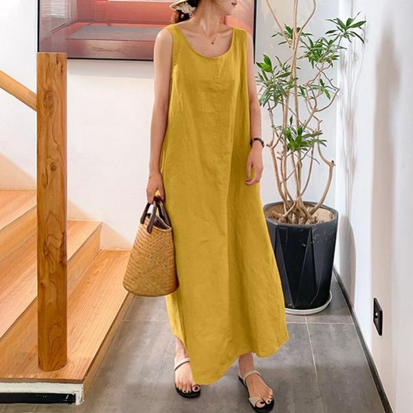 Summer Long Sling Cotton and Linen Simple Style Loose Pocket Round Neck Temperament Sleeveless Dress Women