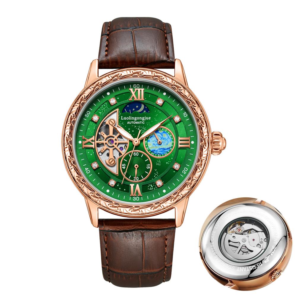 Montre Mécanique Automatique de Luxe pour Homme d'Affaires, avec un Design Squelette, Cadran Sculpté Rétro Élégant comme Cadeau Montres-Bracelets