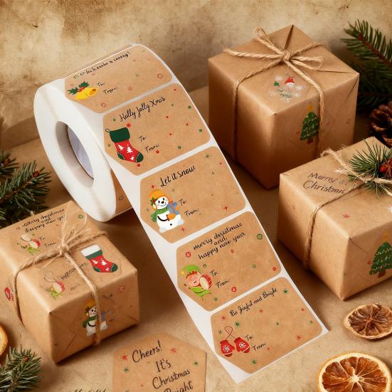 500Pcs/Roll Christmas Gift Tags Cartoon Santa Snowman Reindeer Tree To And from Name Tags DIY Present Box Greeting Card Envelope Self-adhesive Label