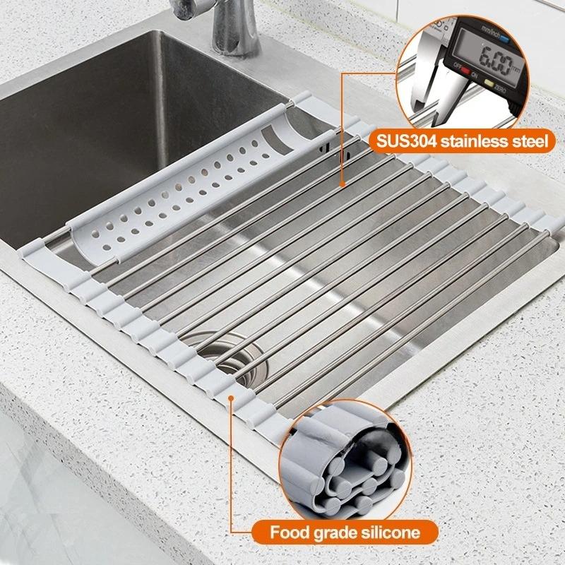 Roll Up Dish Drying Rack over sink,304 Stainless Steel Dish Drainer Shelf Organizer Tableware Plate Storage Kitchen accessories