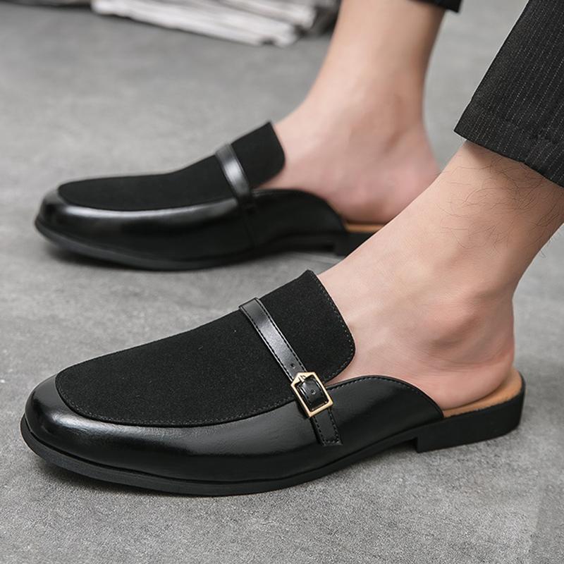 Fashion Fashion New Men's Charm Suede Leather Half Slippers Black Brown Shoes Male Casual Mules Moccasins Breathable Monk Straploafers