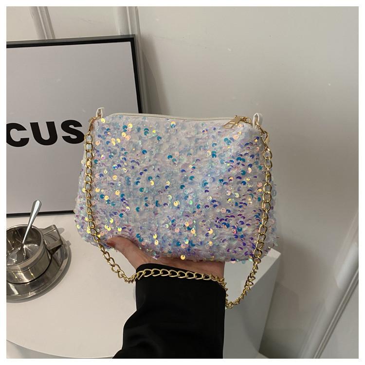 Black And White Sparkly Underarm Bag Women 2024 New Spring Nightclub Chain Small Square Bag Street Fashion