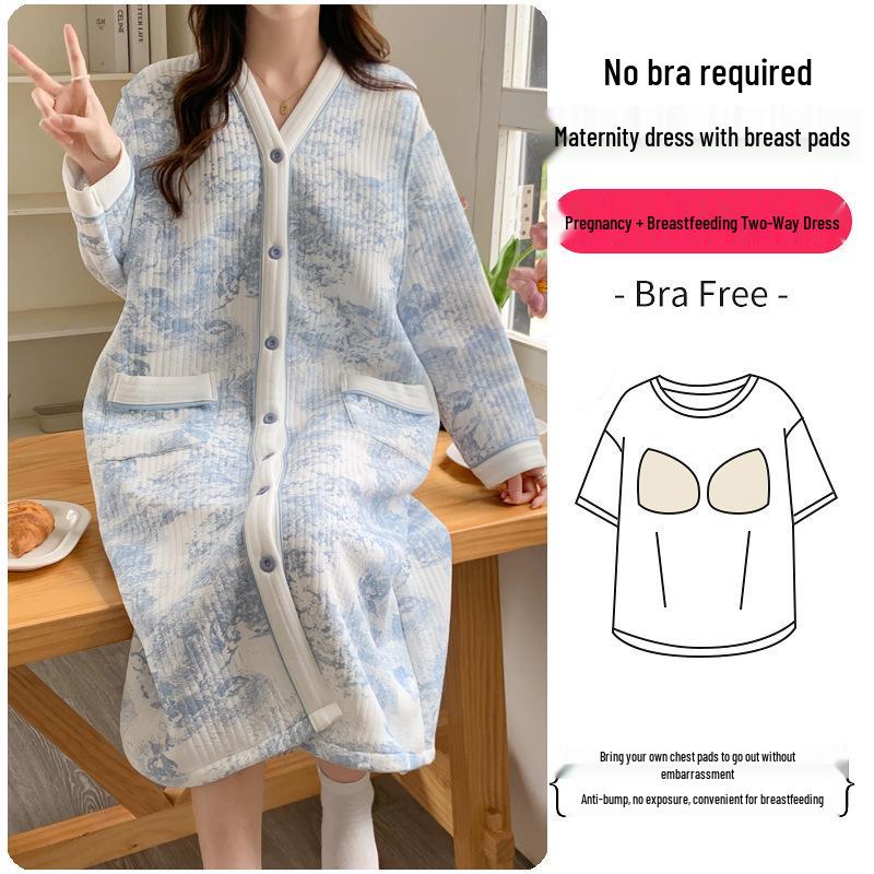 Autumn/Winter Postpartum Nursing Nightgown: Thick Air Cotton Maternity Pajamas for Spring and Autumn