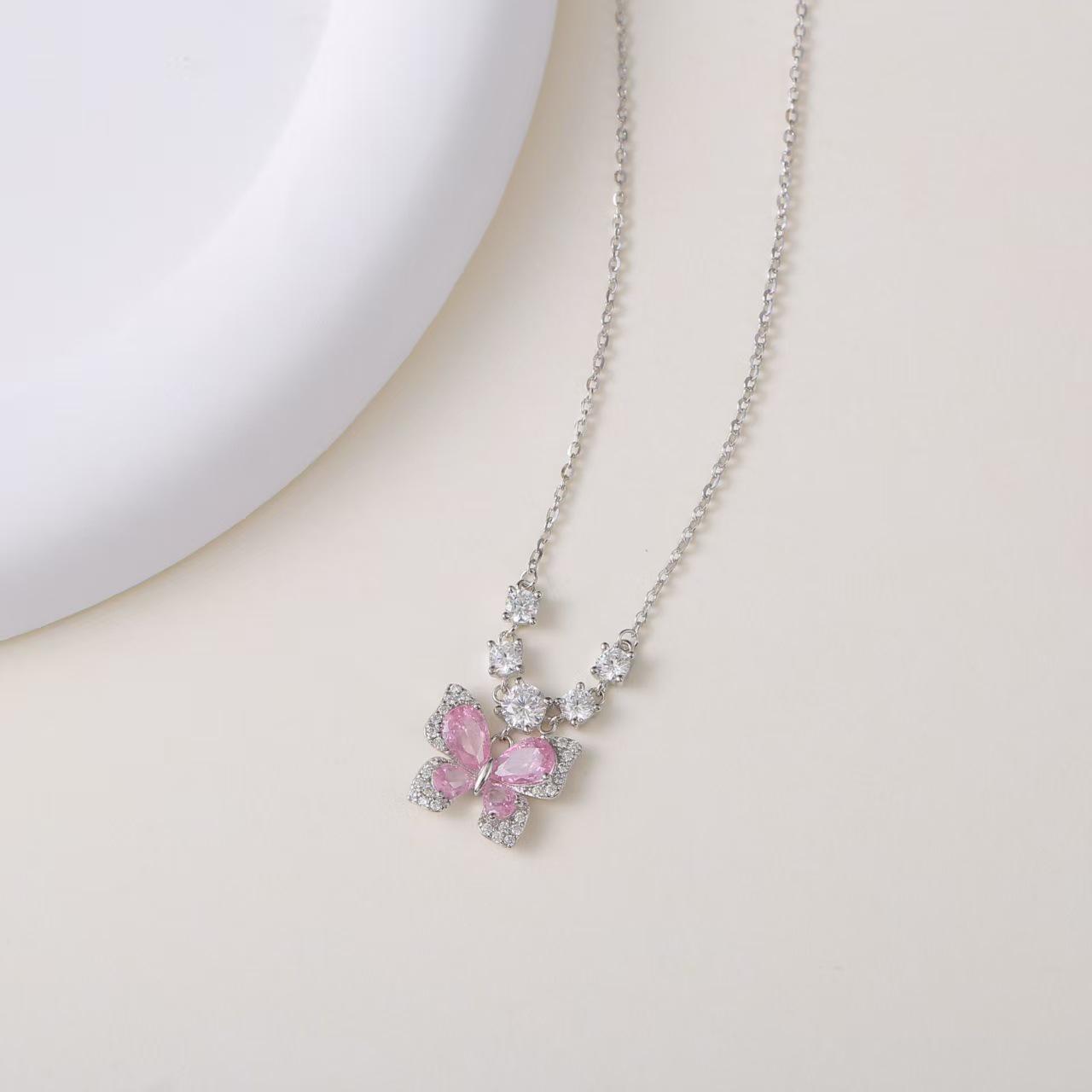 Elegant S925 Sterling Silver Pink Diamond Butterfly Clavicle Pendant Necklace for Women - Light Luxury Versatile Design S925 Silver