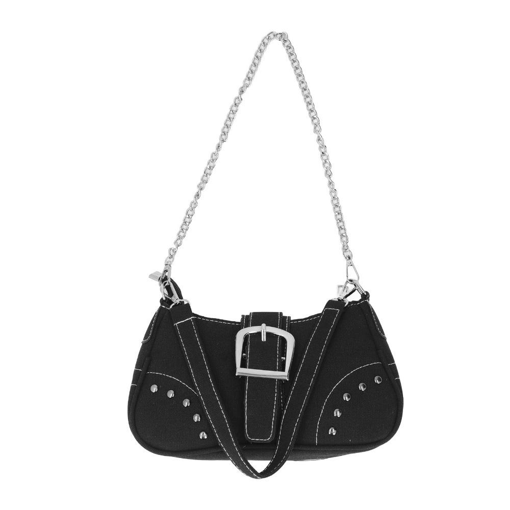 

Fashion Canvas Women Handbag Spacious Portable Small Canvas Bag Chain Decoration Bag Travel Use чорний