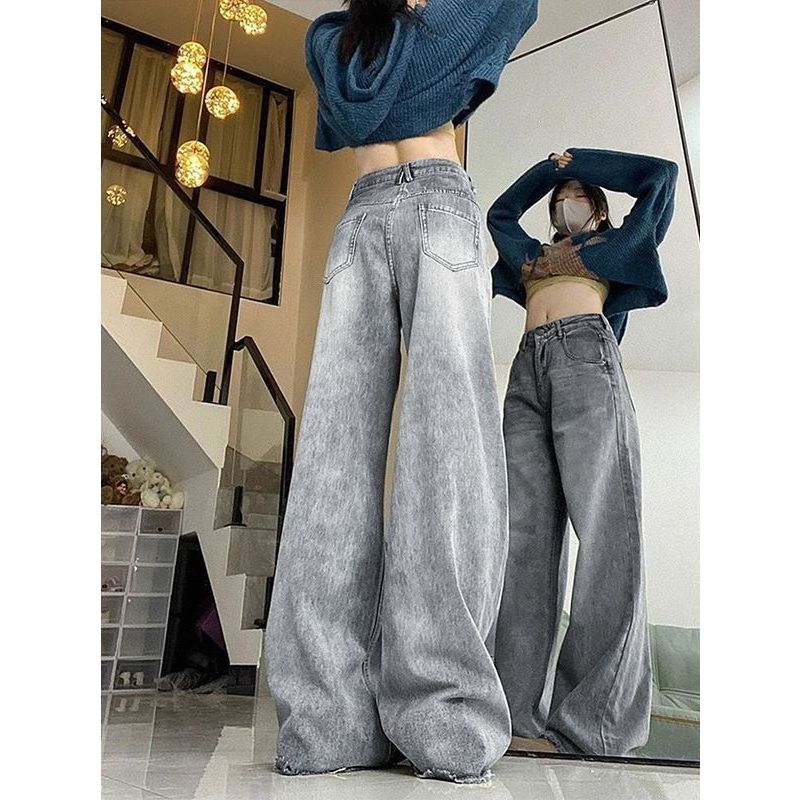 Washed Light Gray Retro American Wide Leg Denim Women's Small High Waist Loose and Slimming Burr Straight Pants