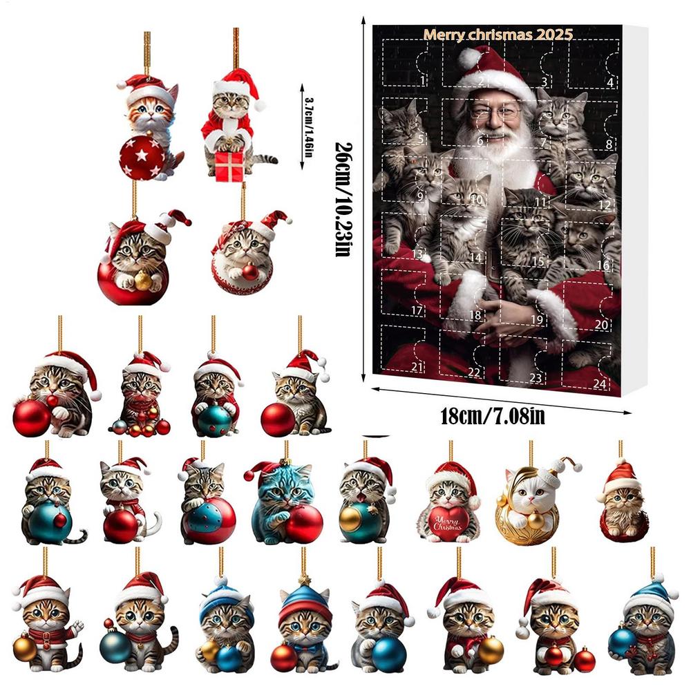 2025 Katze Weihnachten Adventskalender 24 Tage 2D Acryl Anhänger Countdown Kalender Niedliches Geschenk für Kinder Erwachsene Weihnachtsbaumschmuck