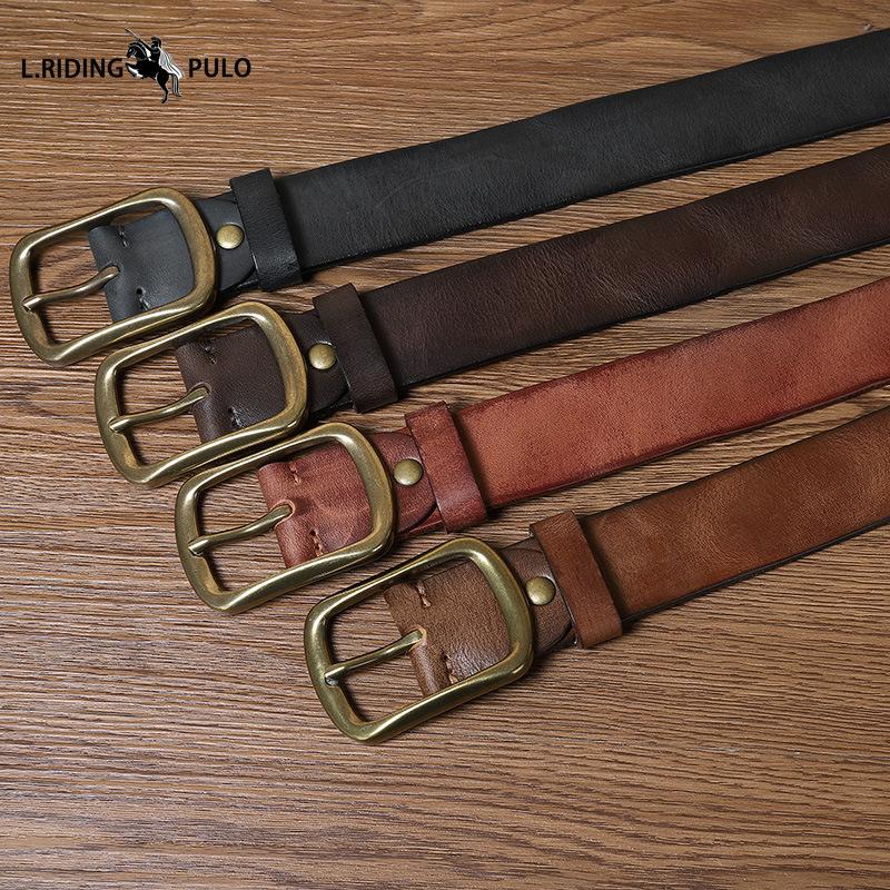 Retro Versatile Pleated Copper Buckle Belt Men's Genuine Leather Trend Pin Buckle Pure Leather Pants Belt