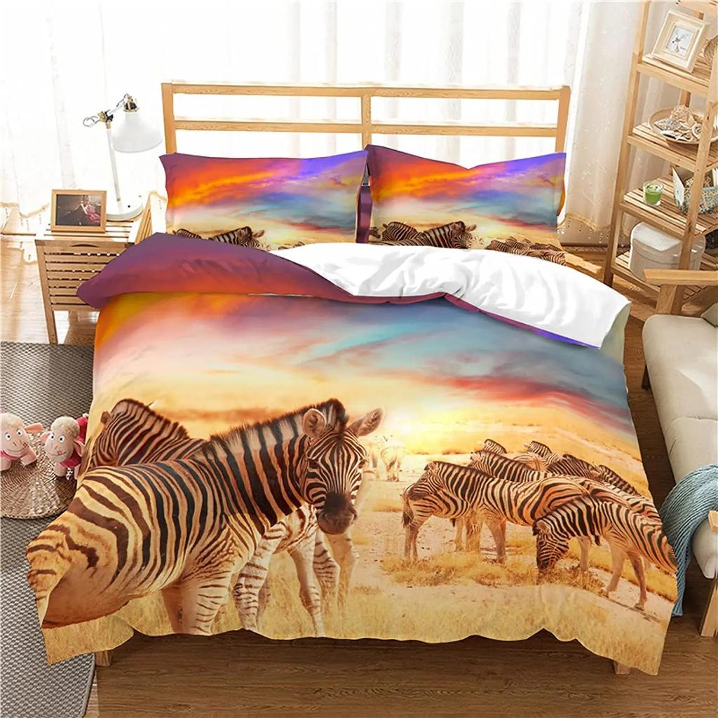 Zebra Duvet Cover Set King Queen Size Polyester Comforter Cover Black And White Stripe Wild Animals For Kids Teens Bedding Set