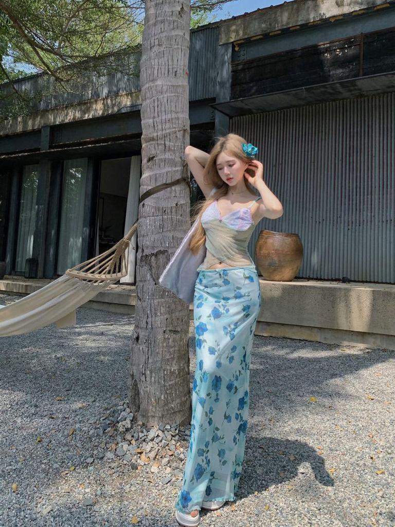 Mesh Patchwork Pure Desire 2025: Women's High-Waisted Floral Slimming Long Skirt for Summer Vacation Style