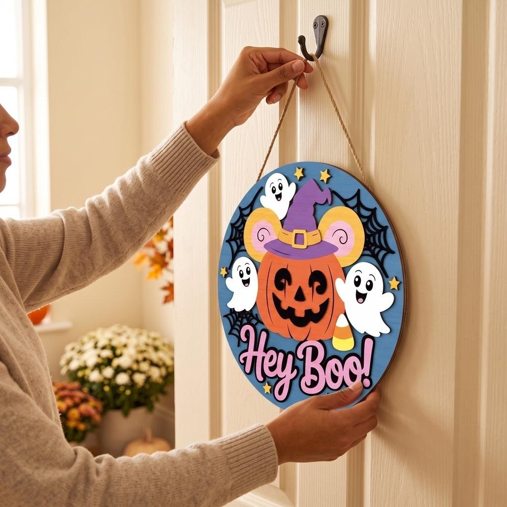 and Pumpkin Round Wooden Hanging Ornament for Halloween Wall Decor and Front Door Welcome Sign