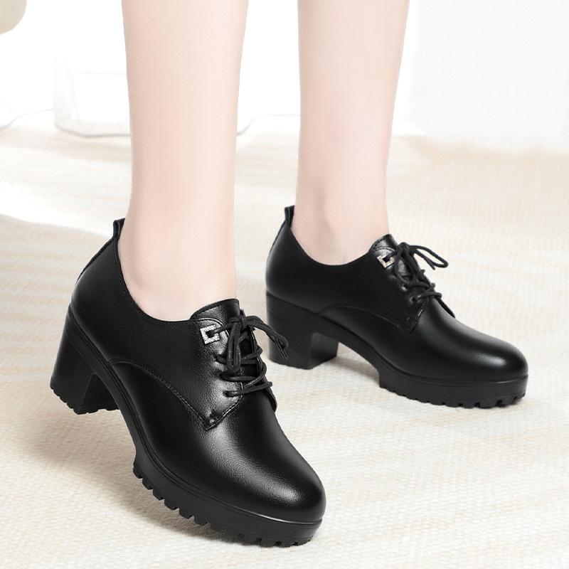 fashion Spring Autumn Lace-up Thick Sole Women Pumps Shoes High Heels Comfortable Breathable Square Heel Solid Soft Leather Shoes
