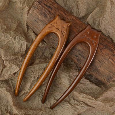 Palitos para el pelo con patrón de gato Horquillas de madera en forma de U para mujeres niñas Pinza para el pelo Hanfu Tocado Adornos para el cabello Accesorios para el cabello
