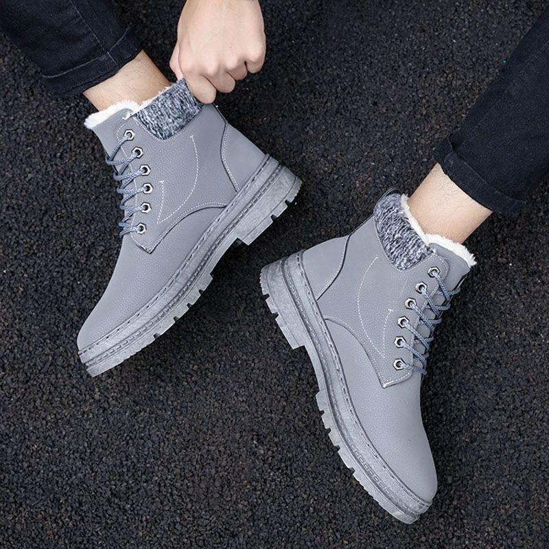 Men's Korean Casual Snow Boots Lace Up Work Boots Fleece Lined Thickened Winter Warm Waterproof Anti-slip Cotton Shoes
