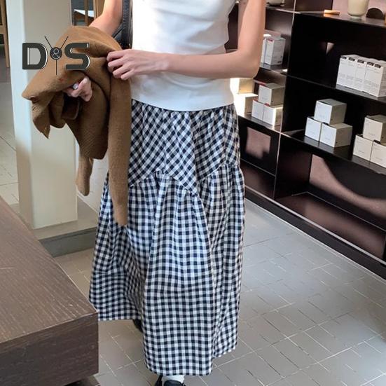 Women Midi Skirt Plaid Print Stitching Design A-Line Skirt Elastic High Waist Retro Style Swing Skirt Daily Wear