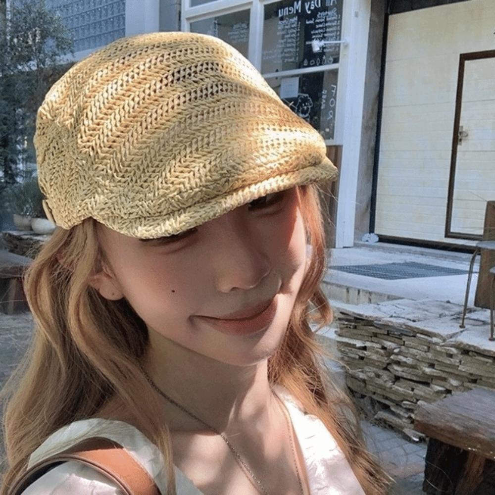 Vacation Straw Newsboy Cap Flat Painter Beret Japanese Style Straw Beret  Spring Summer