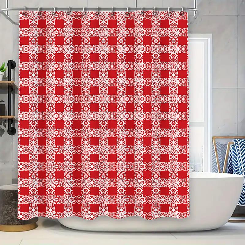 Modern Red White Bath Shower Curtain with Geometric Design for Bathroom Decoration Waterproof Fabric Customizable Size Available