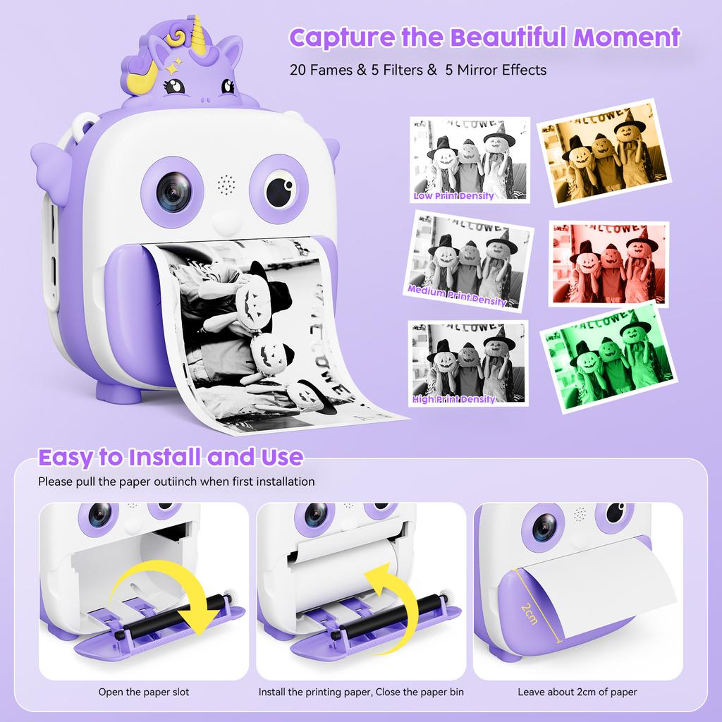 Kids Toys Camera Instant Thermal Printing Camera Children Christmas Birthday Gift 2-Inch HD Screen 16X Zoom Vlog Photography