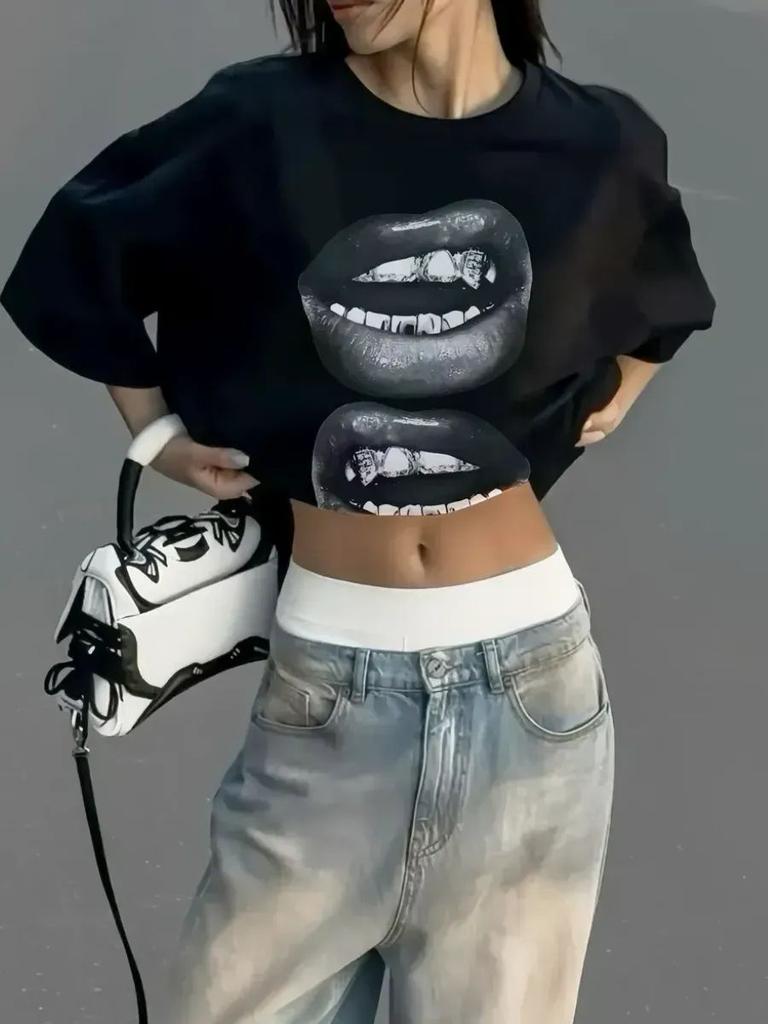 Street Hip Hop Big Mouth Tee Men's Women Punk T-shirt Casual Loose Cotton Oversized Y2k Short Sleeve Male Female Clothing