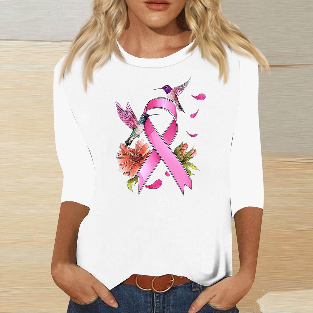 Women's Casual Round Neck Three-Quarter Sleeve Print Blouse with Ribbon and Butterfly Heart Pattern