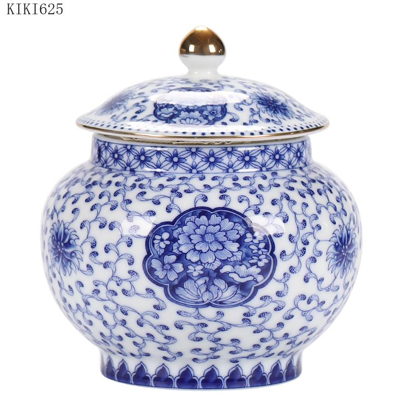 Antikk Blå og Hvit Porselen Oppbevaringskrukkelokk Gullbelagt Oppbevaringsbeholder Husholdning Stor Kapasitet Forseglet Keramisk Tebeholder