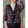 Damen Retro Gestreifter Strickcardigan für Herbst/Winter: V-Ausschnitt, Knopfleiste, Lässig, Locker geschnittene Jacke