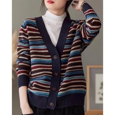 Cardigan lavorato a maglia a righe retrò da donna per autunno/inverno: Giacca Casual a V, con Bottoni, Vestibilità Larga