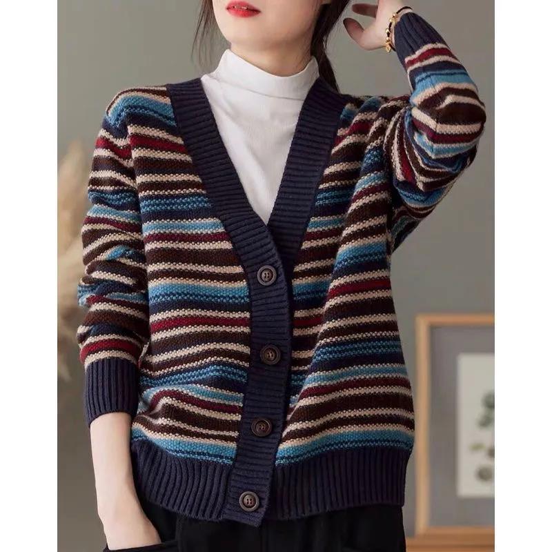 Women's Retro Striped Knit Cardigan for Fall/Winter: V-Neck, Button-Front, Casual, Loose-Fit Jacket