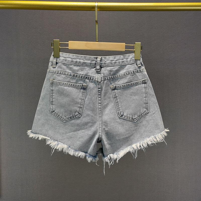 Ripped Wide-Leg Denim Shorts Women's Summer High Waist Exquisite Rhinestone Hot Pants Ladies Streetwear Jean Shorts