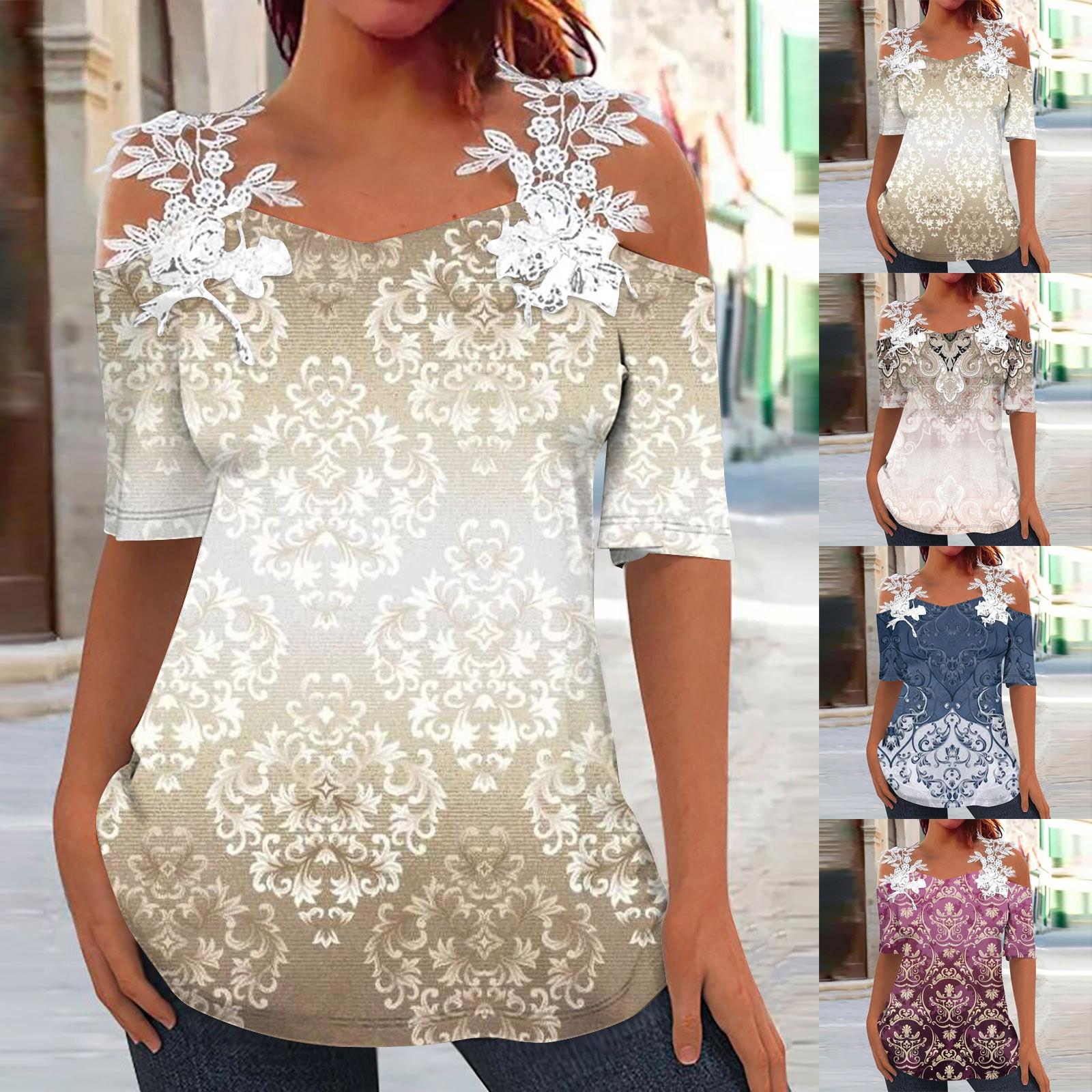 

(Куниде) Женская футболка с коротким рукавом Печатная имитация хлопчатобумажный кружевной топ