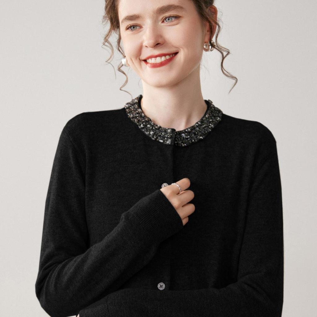 Women's Round Neck Cashmere Beaded Knit Cardigan - Autumn/Winter Solid Color Long Sleeve Versatile Fashion Sweater