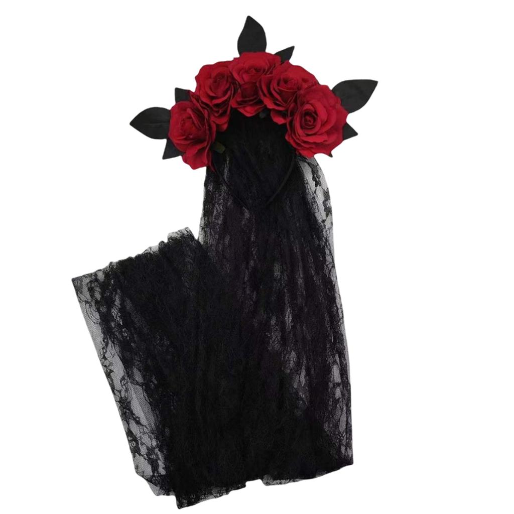 Halloween Gothic Flower Garland With Black Veils Hairband Cosplay Wedding Headpiece Costume Headwear Accessory