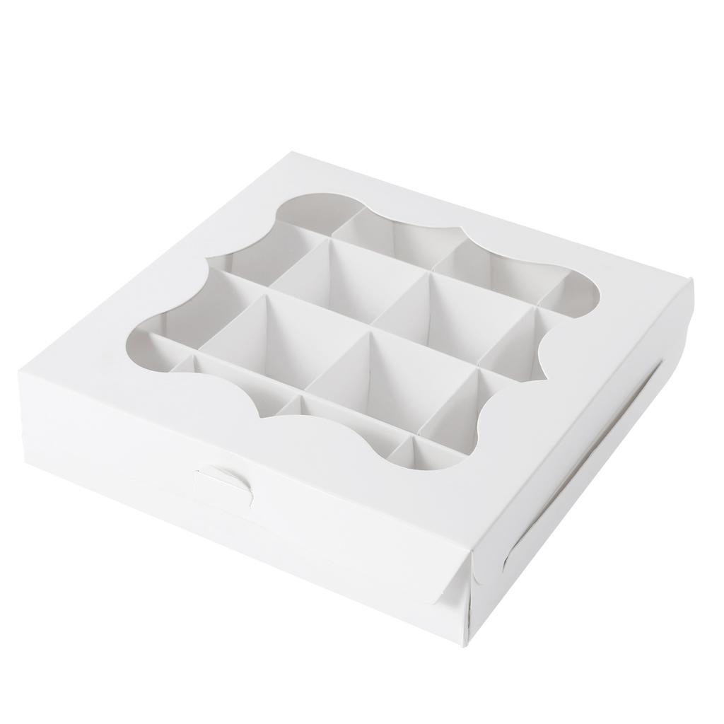 24 ks pekařských krabiček s okénkem, 16 mřížek, 15x15x3,5 cm, kartonové krabičky na sušenky, pečivo, sušenky, jahody, makronky