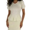 European French Style Pearl Embellished Knit Top - Short-Sleeved, Soft, Waist-Cinching, Ruffled, Plush Women's Top