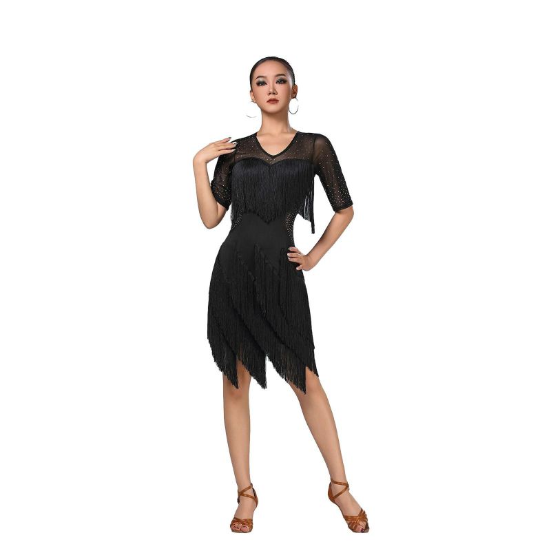 

Женское танцевальное платье с V-образным вырезом и короткими рукавами, платье с бахромой для латиноамериканских танцев M