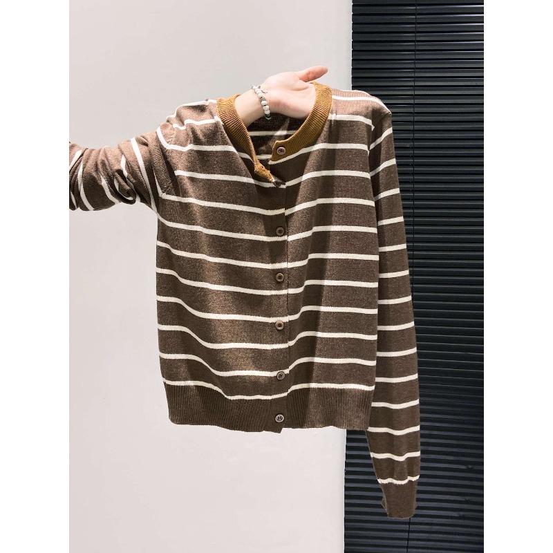 Single-breasted Contrasting Striped Knitted Cardigan Women's Spring and Autumn Loose and Thin Versatile Sweater Jacket Top