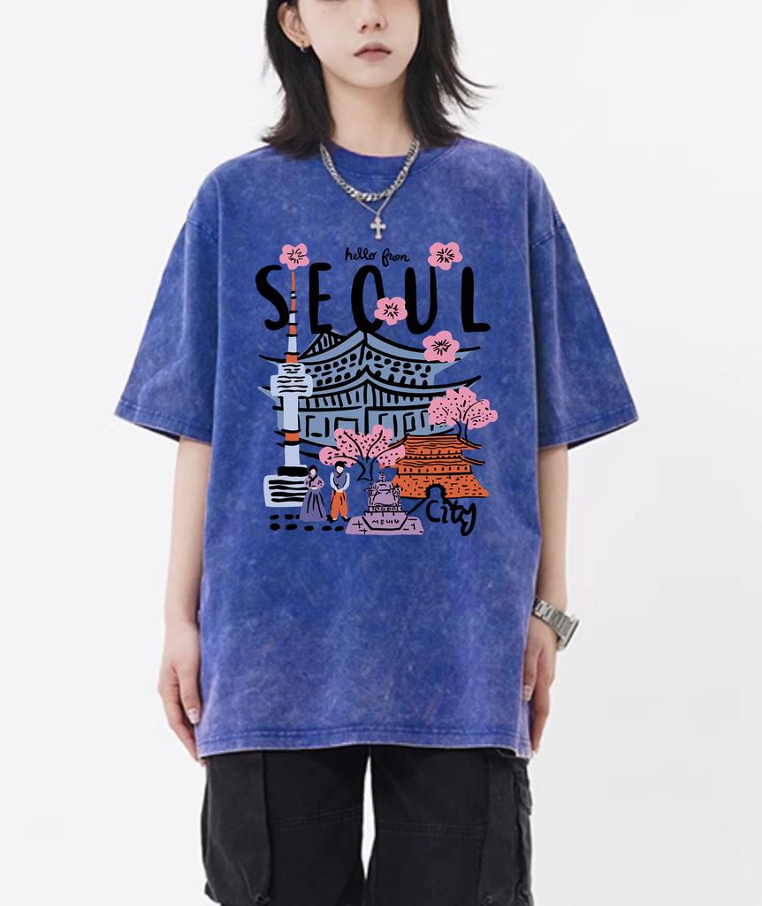 Seoul Schöne Landschaft Bedrucktes Gewaschenes T-Shirt Damen Atmungsaktiv Neue Baumwolle Cooles T-Shirt Sommer Snow Wash Kleidung Unisex