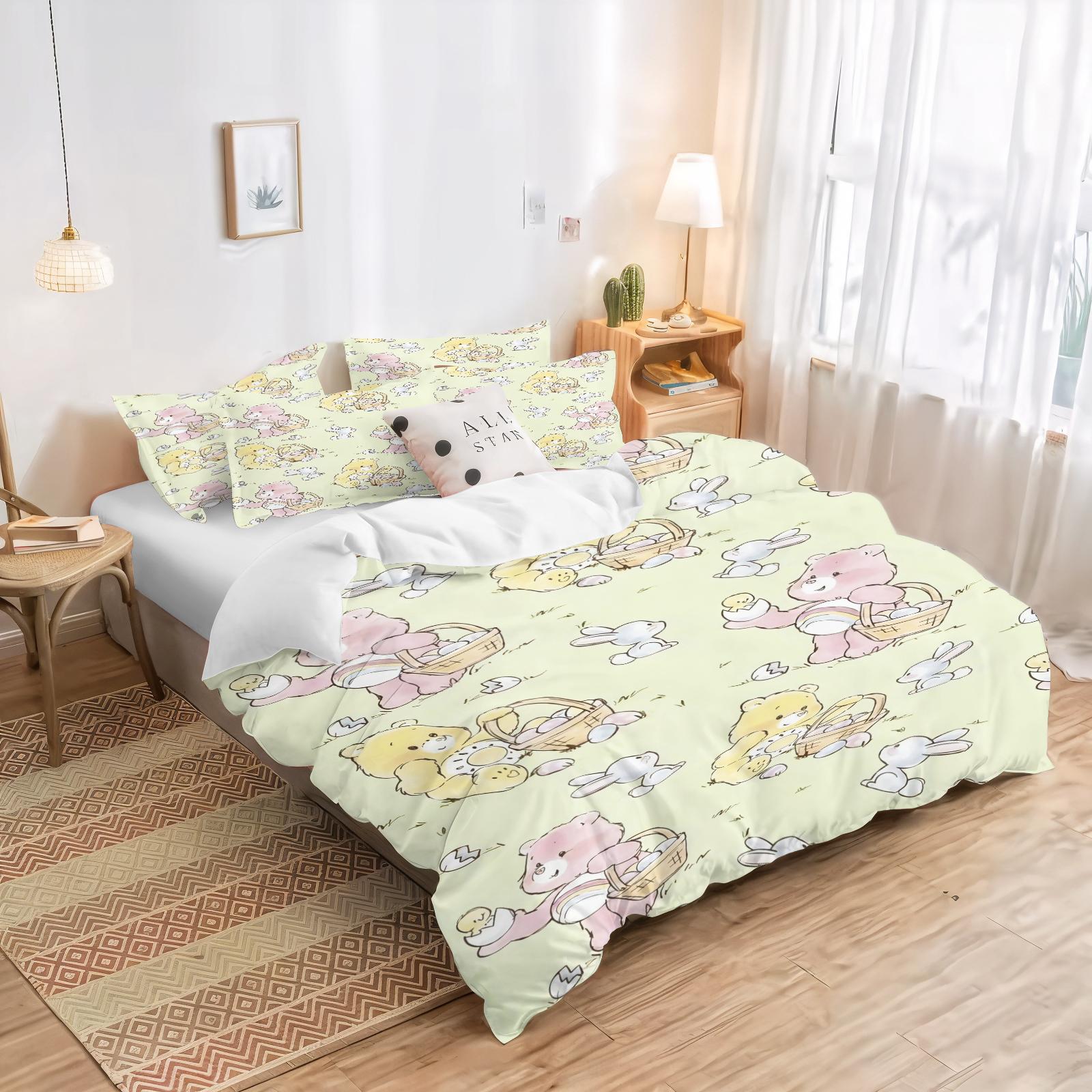 

MINISO Cartoon Duvet Cover Anime Care Bears Set Kawaii Care-bears Pillowcase Set Kids Bedding Set Decor Full Queen King Size 90X200cm