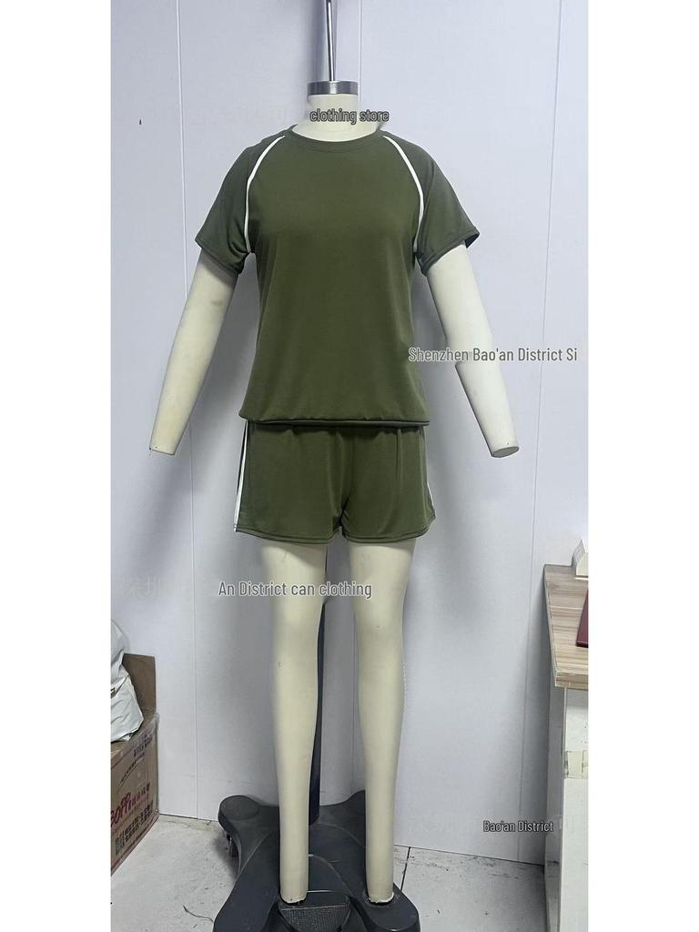 2026 Spring/Summer Women's Stretch Sport Casual Two-Piece Set - Round Neck Short Sleeve Top & Shorts