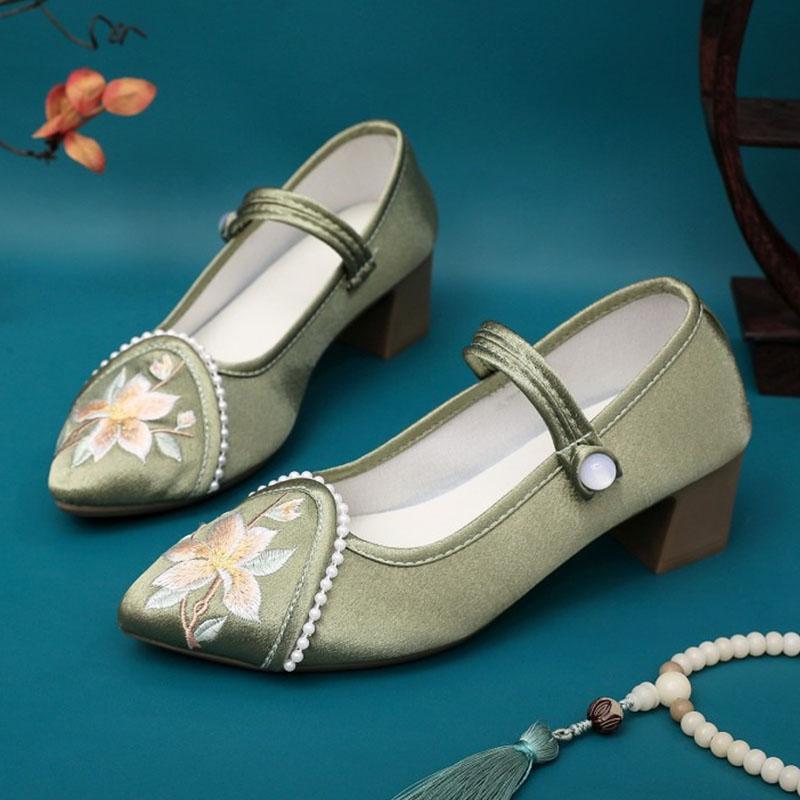 Pantofi cu toc înalt pentru femei Pantofi noi Mary Jane Pantofi casual din pânză de bumbac cu flori brodate de lux Eleganți cu vârf ascuțit, cu toc pătrat, pantofi cu toc