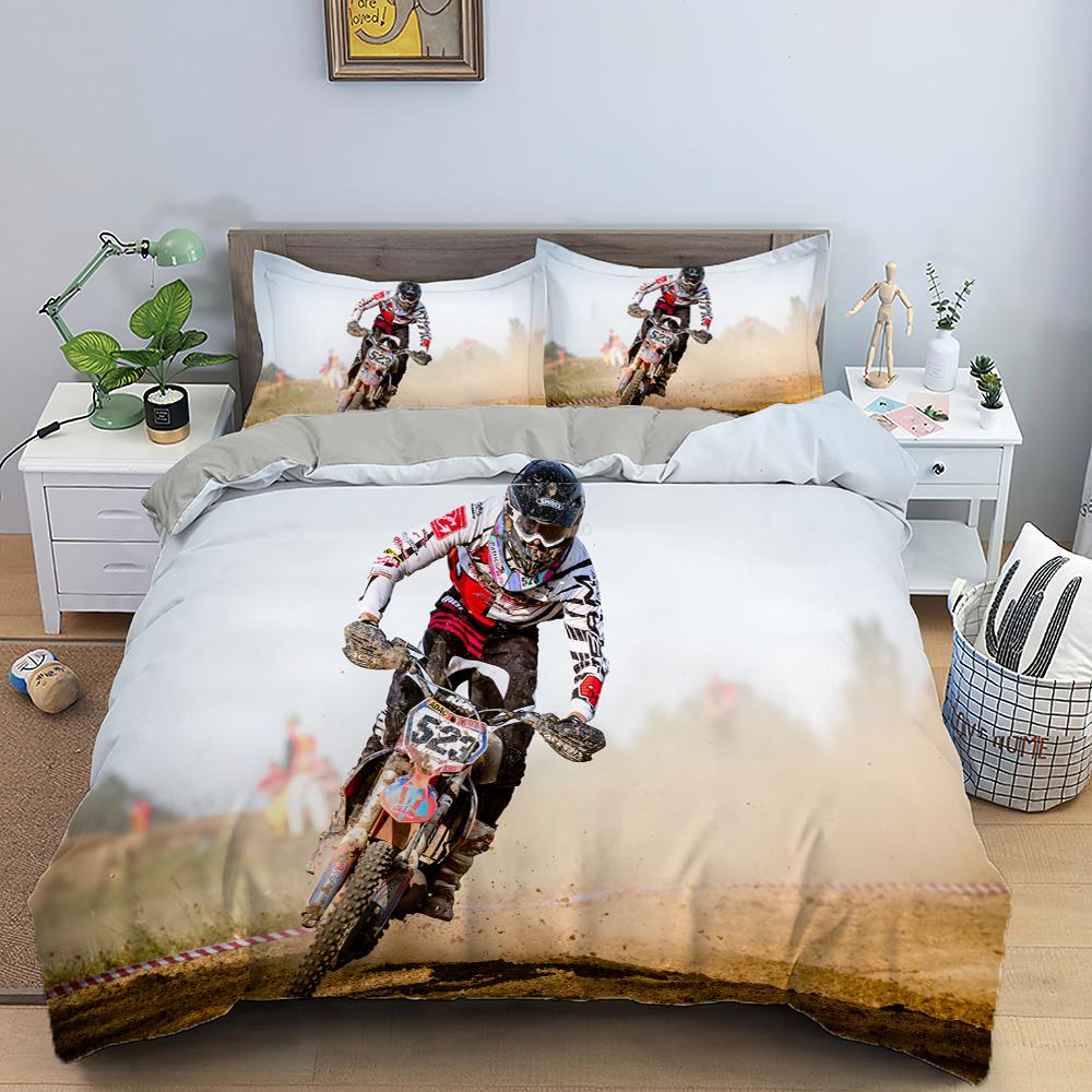 Motocross King Queen Bedding Set For Boys Adults Off-Road Race Motorcycle Duvet Cover Dirt Bike Rider Comforter Cover