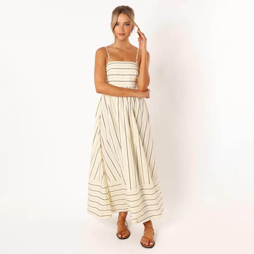 Women Spring Sleeveless Striped Slim Suspender Camisole Dress Summer Casual Ankle-Length Backless High Waist Loose Dresses S-XL