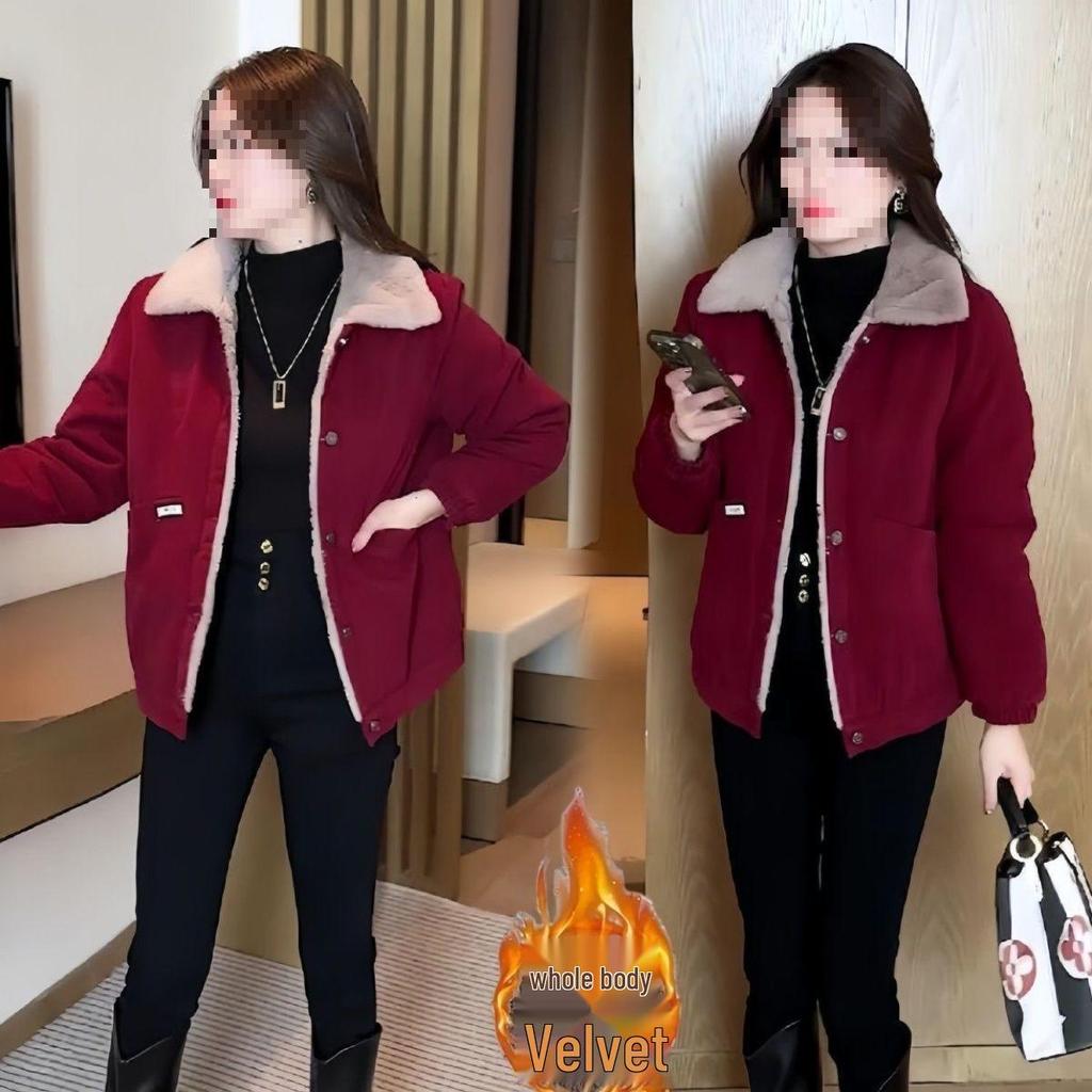 2025 Women's Fashionable Short Corduroy Woolen Coat with Fleece Lining, Age-Reducing Winter Style, Petite Fit