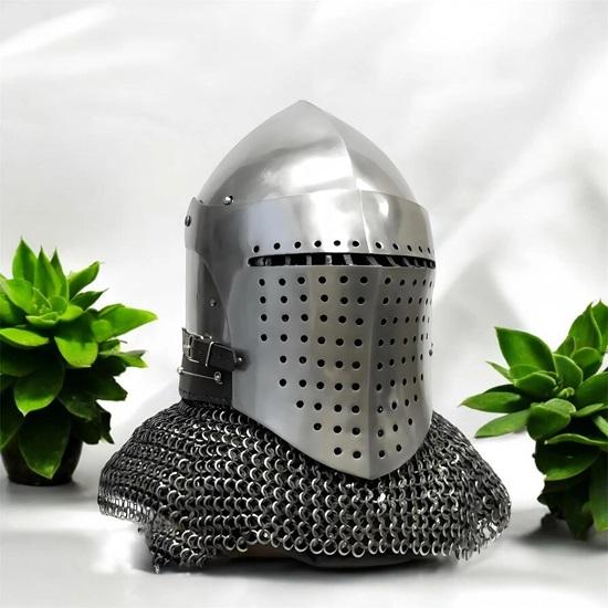 

Medieval Crusader Knight Great Helmet Spoleto Bascinet Helmet With Chainmail Aventail Handmade