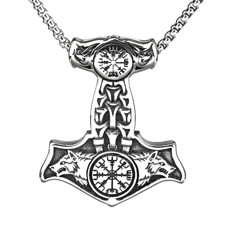 Vikings Thor Hammer Pendant Stainless Steel Mjolnir Necklace Nordic Rune Vegvisir Jewelry Popular Norse Scandinavian