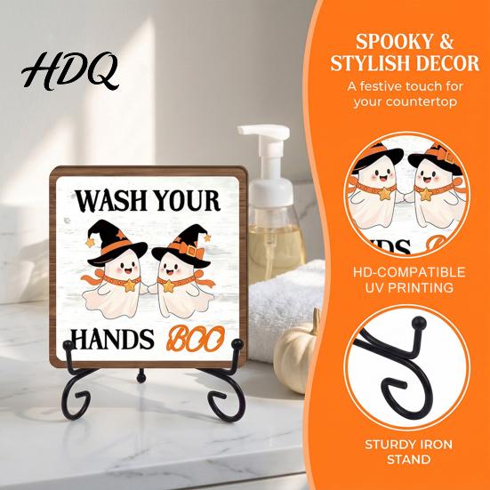 Bathroom Countertop Ornament Halloween Wooden Table Sign, Cute Spooky Ghost Plaque with Autumn Home Decorations Metal Stand for Kitchen Shelf