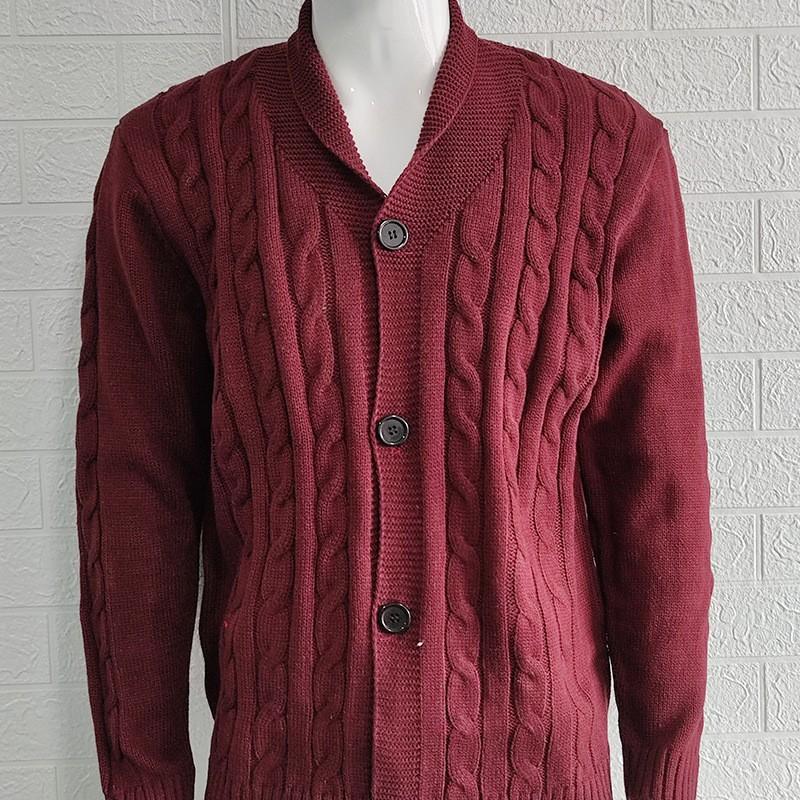 Men's V-Neck Cable Knit Cardigan Sweater In Light Grey, Beige, Dark Green, Blue, and Wine Red