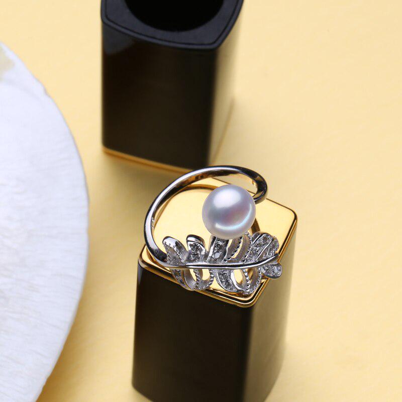 LSOOYH Blatt-natürliche Süßwasserperlen-Ringe für Frauen, zierlicher Bohemia-Zirkonia-verstellbarer Ring
