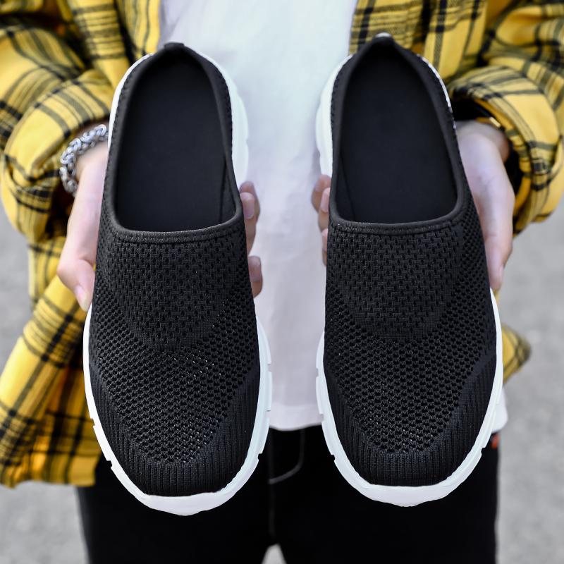 Unisex Slip-on Flats Round Toe Half Slippers Knitted Mesh Walking Shoes Lightweight Big Size 35-48 Leisure Shoes Anti-slip