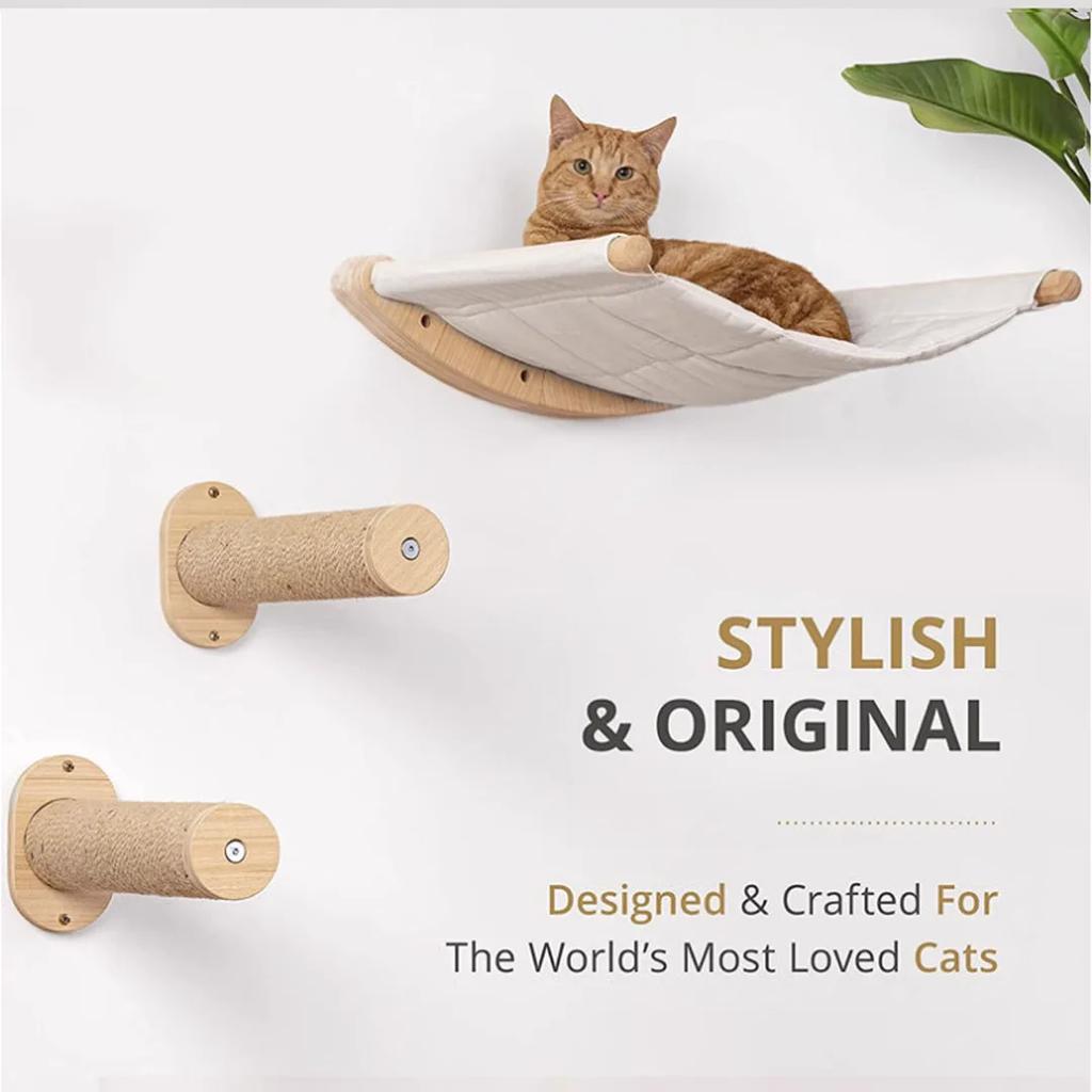 Wall-mounted cat scratching post Space-saving wooden hammock Pet activity and rest set
